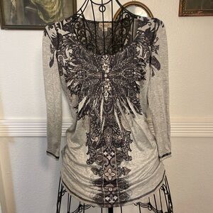 ONE WORLD Gray and Black Patterned Long Sleeve Top